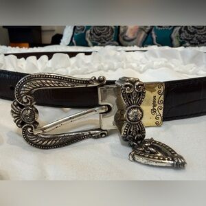 Brighton Silver Buckle Reversible Black / Brown Croc Embossed Leather Belt Sz XL